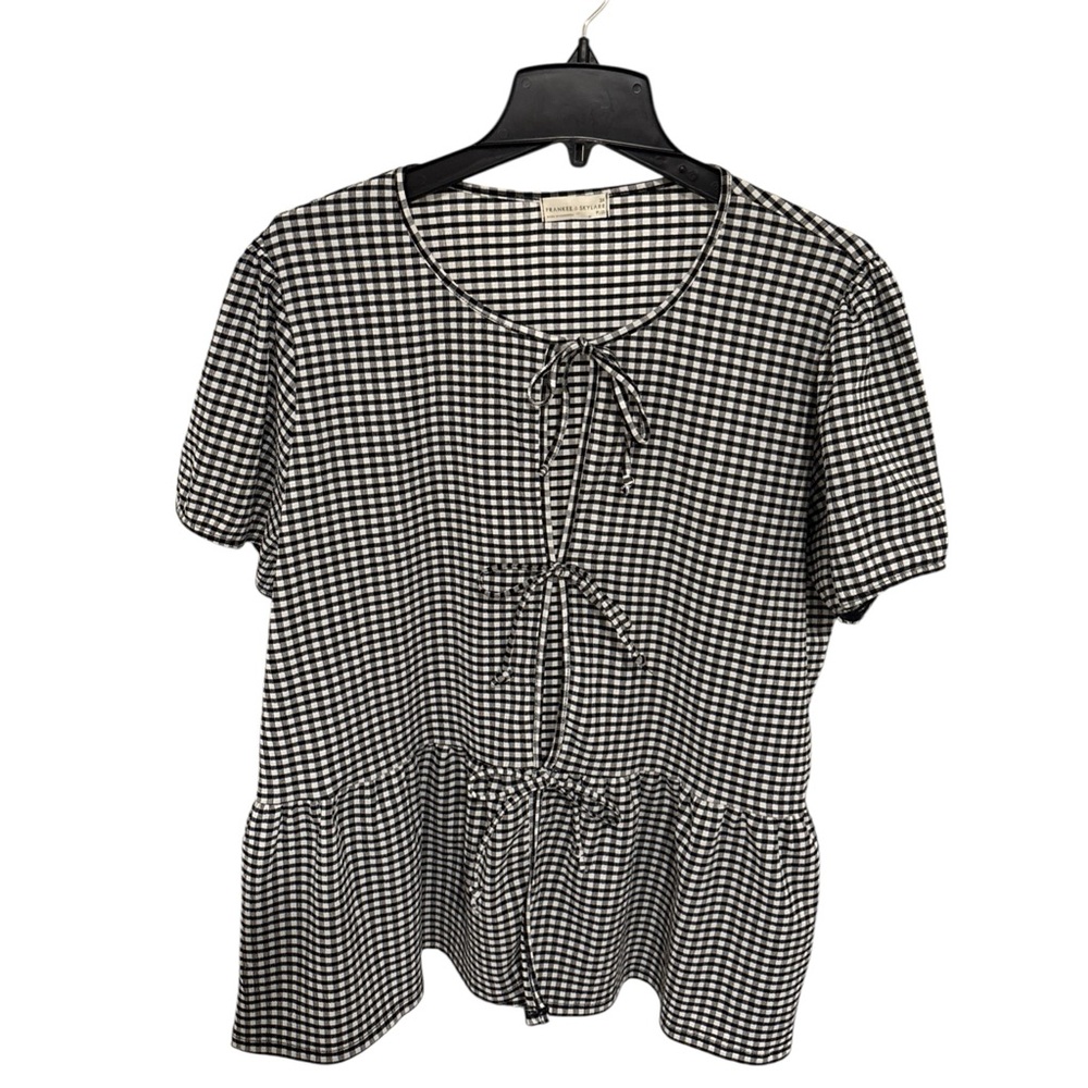 Frankee & Skylarr Black Gingham Short Sleeve Open Tie Front Peplum Top Size 3X - Picture 7 of 8